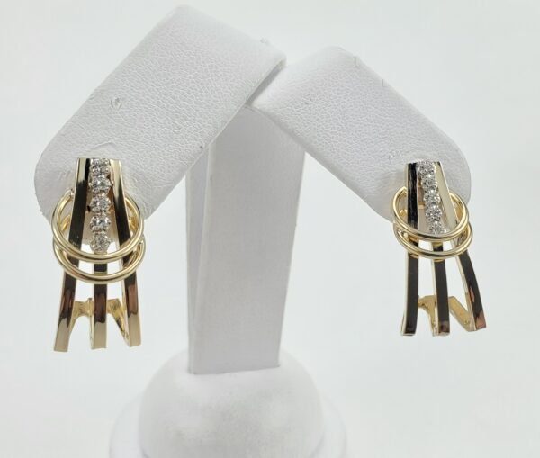 14k Yellow Gold Diamond Unique Long Half Huggie Stud Earrings 1'' - Image 4
