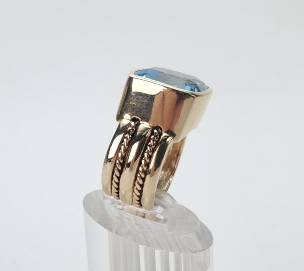 14k Yellow Gold "Maz" Blue Topaz Solitaire Cocktail Rope Coil Band Ring 6.25'' - Image 5