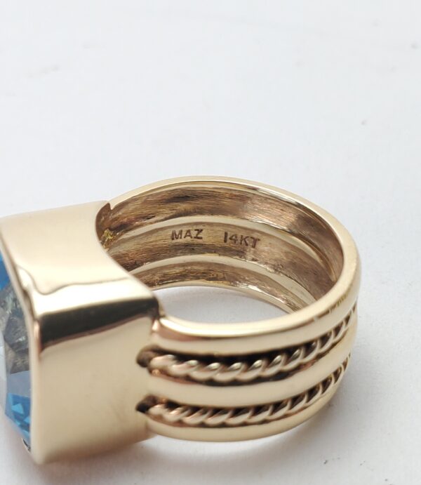 14k Yellow Gold "Maz" Blue Topaz Solitaire Cocktail Rope Coil Band Ring 6.25'' - Image 10
