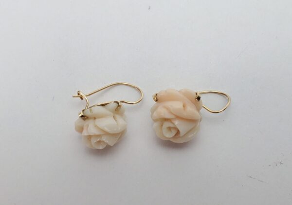14k Yellow Gold Rose Cut Carved Angle Skin Coral Hook Dangle Dangling Earrings - Image 3