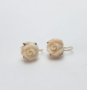 14k Yellow Gold Rose Cut Carved Angle Skin Coral Hook Dangle Dangling Earrings