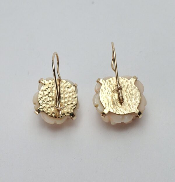 14k Yellow Gold Rose Cut Carved Angle Skin Coral Hook Dangle Dangling Earrings - Image 4
