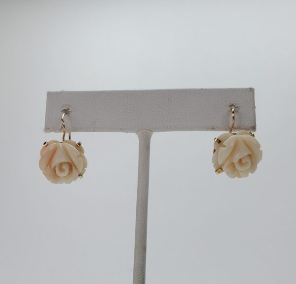 14k Yellow Gold Rose Cut Carved Angle Skin Coral Hook Dangle Dangling Earrings - Image 5