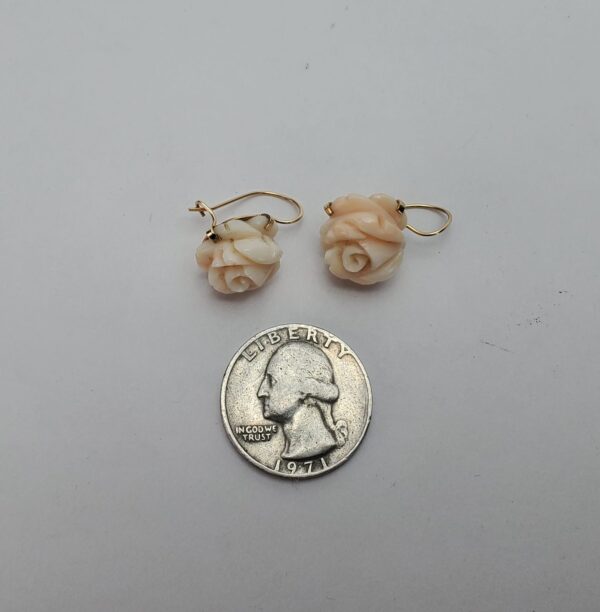 14k Yellow Gold Rose Cut Carved Angle Skin Coral Hook Dangle Dangling Earrings - Image 6