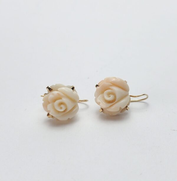 14k Yellow Gold Rose Cut Carved Angle Skin Coral Hook Dangle Dangling Earrings