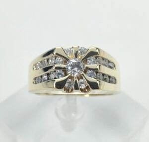 14k Yellow Gold White Clear Stone Cluster Channel Set Starburst Mens Ring 9.5''