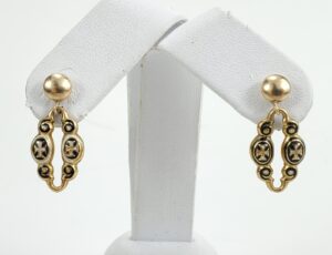 18k 14k Yellow Gold Gothic Victorian Converted Enamel Drop Earrings 1''