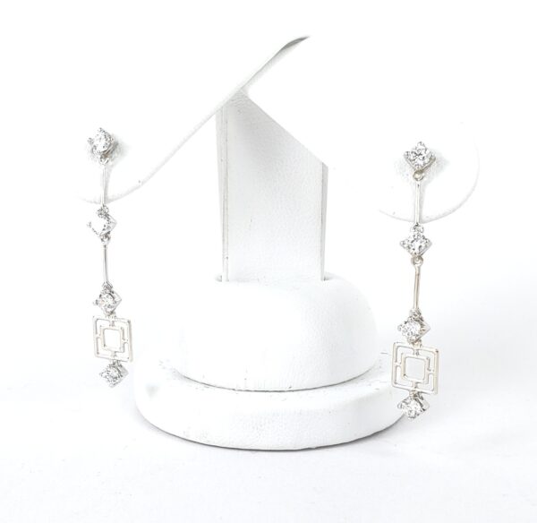 18k White Gold .80ctw CZ Drop Dangle Bar Segment Concentric Square Earrings - Image 3