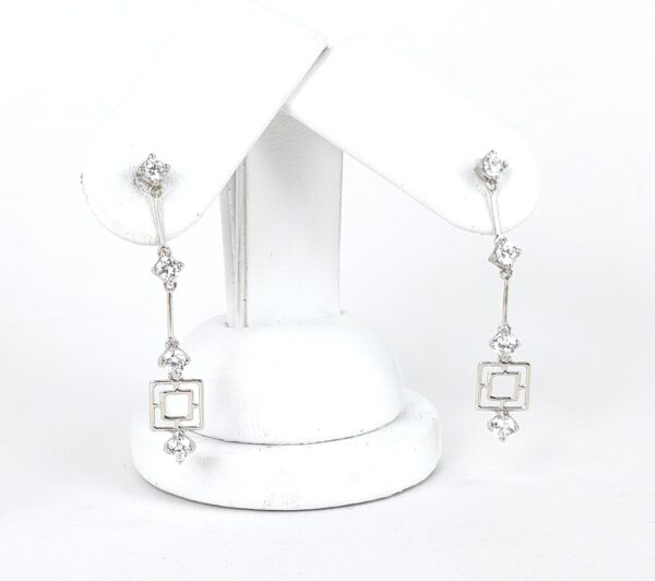 18k White Gold .80ctw CZ Drop Dangle Bar Segment Concentric Square Earrings - Image 4