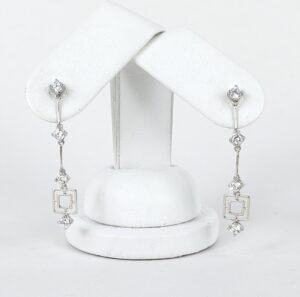 18k White Gold .80ctw CZ Drop Dangle Bar Segment Concentric Square Earrings
