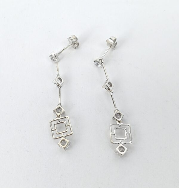 18k White Gold .80ctw CZ Drop Dangle Bar Segment Concentric Square Earrings - Image 6