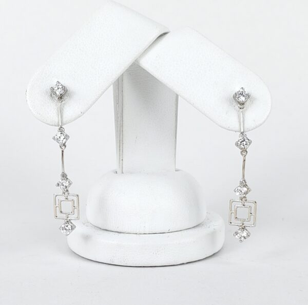 18k White Gold .80ctw CZ Drop Dangle Bar Segment Concentric Square Earrings