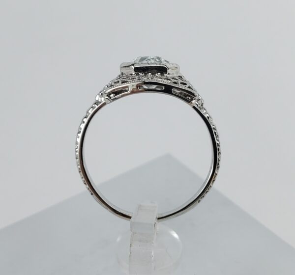 18k White Gold Vintage Aquamarine Open Work Carved Solitaire Ring 4.75'' - Image 7