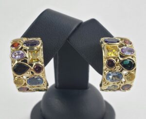 18k Yellow Gold Mosaico Multi Colored Leverback Half Hoop Huggie Earrings