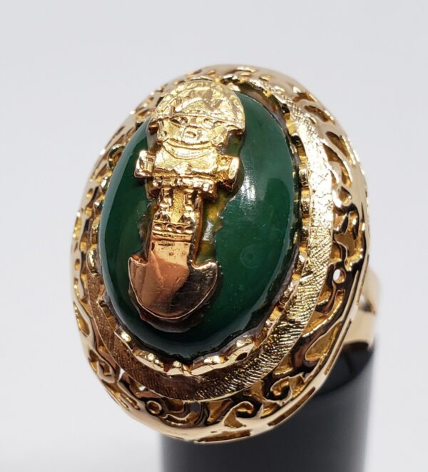 18k Yellow Gold Oval Green Jasper Chalcedony Incan Tumi Sacred Ceremony Ring - Image 3