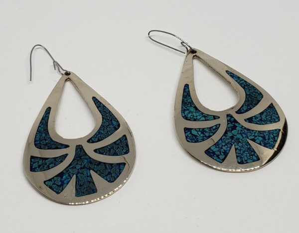 925 Sterling Silver Large Oval Inlay Hook Drop Dangle Earrings 2 1/2'' - Image 3