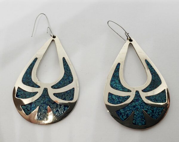 925 Sterling Silver Large Oval Inlay Hook Drop Dangle Earrings 2 1/2'' - Image 4