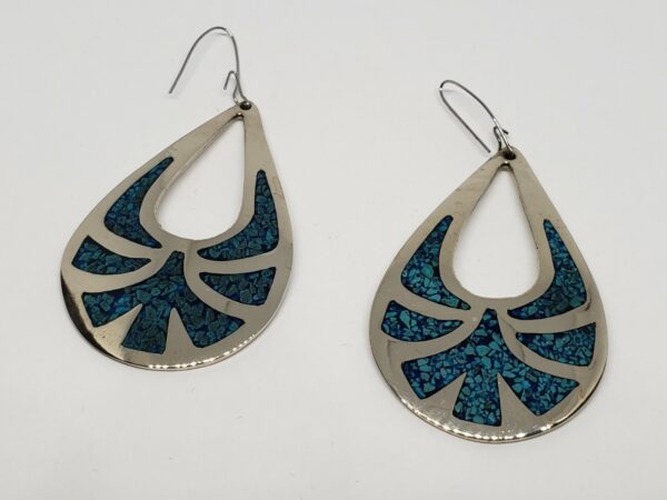 925 Sterling Silver Large Oval Inlay Hook Drop Dangle Earrings 2 1/2''