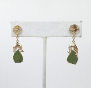 9k Yellow Gold Chinese Shou Sau Longevity Long Life Leaf Dangle Stud Earrings