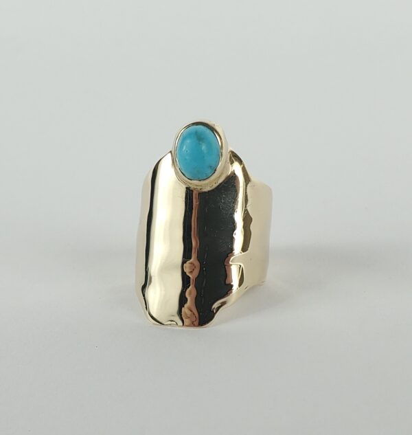 Jim Cotter 14k Yellow Gold Turquoise 28mm Wide Cigar Shield Saddle Band Ring 7'' - Image 3