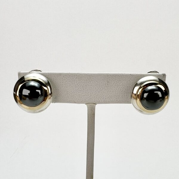 Tiffany & Co. 925 Silver & 18k Gold Hematite Round Dome Omega Back Earrings - Image 3
