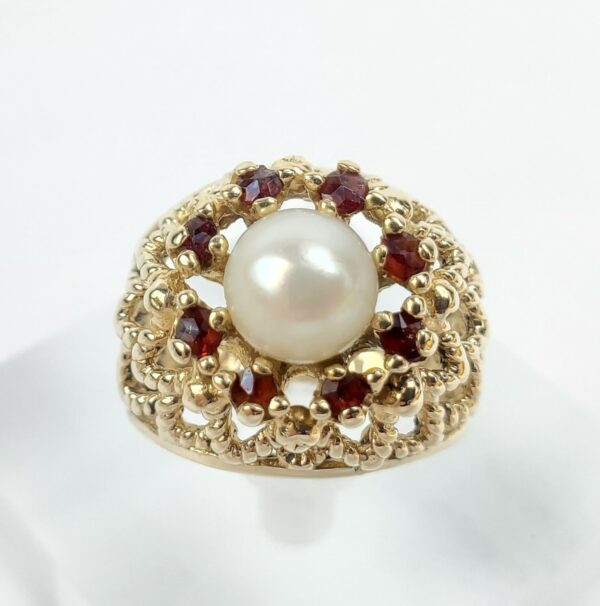 Vintage 14k Yellow Gold 7mm Pearl Orange Stone Halo Chevron Cocktail Ring 7.75'' - Image 3