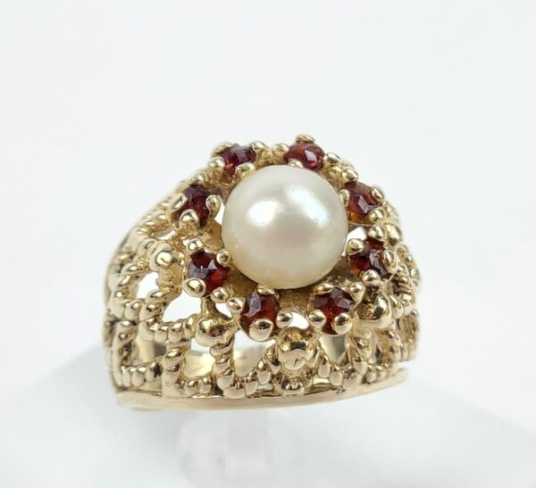 Vintage 14k Yellow Gold 7mm Pearl Orange Stone Halo Chevron Cocktail Ring 7.75'' - Image 4