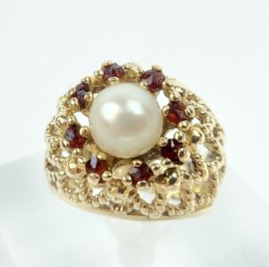 Vintage 14k Yellow Gold 7mm Pearl Orange Stone Halo Chevron Cocktail Ring 7.75''