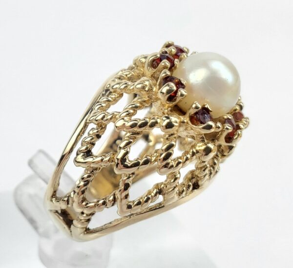Vintage 14k Yellow Gold 7mm Pearl Orange Stone Halo Chevron Cocktail Ring 7.75'' - Image 5