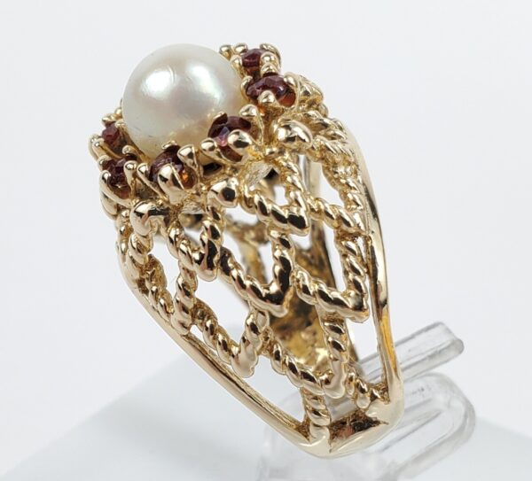 Vintage 14k Yellow Gold 7mm Pearl Orange Stone Halo Chevron Cocktail Ring 7.75'' - Image 6