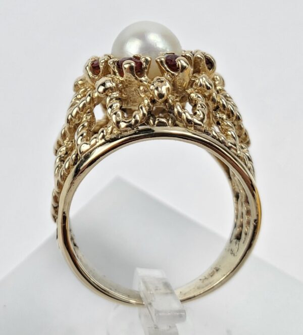 Vintage 14k Yellow Gold 7mm Pearl Orange Stone Halo Chevron Cocktail Ring 7.75'' - Image 7
