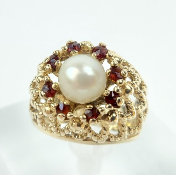 Vintage 14k Yellow Gold 7mm Pearl Orange Stone Halo Chevron Cocktail Ring 7.75''