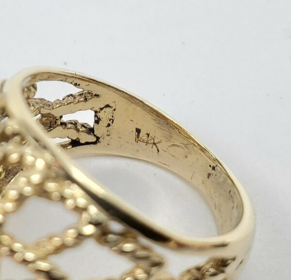 Vintage 14k Yellow Gold 7mm Pearl Orange Stone Halo Chevron Cocktail Ring 7.75'' - Image 9