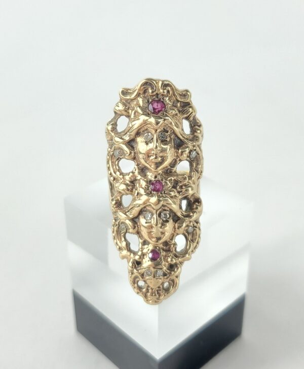 10k 14k Yellow Gold Vintage Natural Diamond Ruby 3 Face Shield Dinner Ring - Image 3