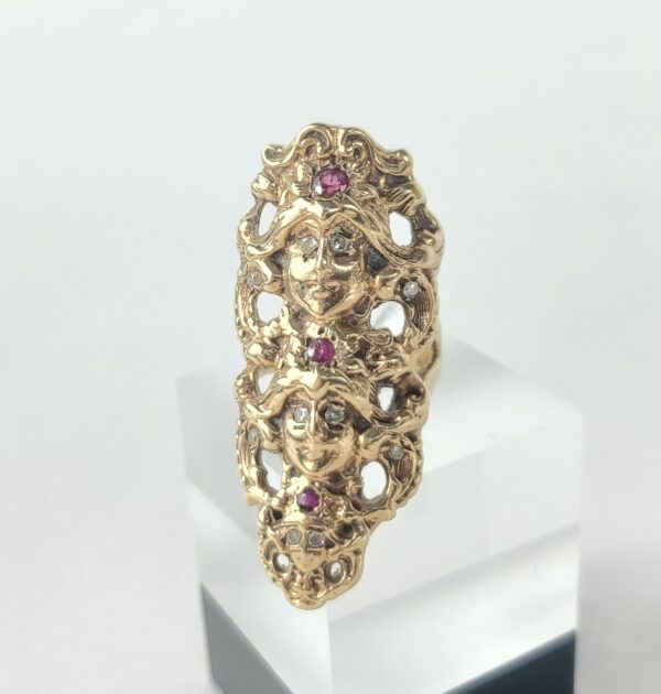 10k 14k Yellow Gold Vintage Natural Diamond Ruby 3 Face Shield Dinner Ring - Image 4