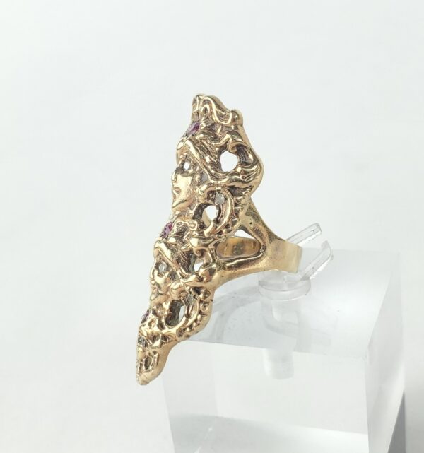 10k 14k Yellow Gold Vintage Natural Diamond Ruby 3 Face Shield Dinner Ring - Image 6
