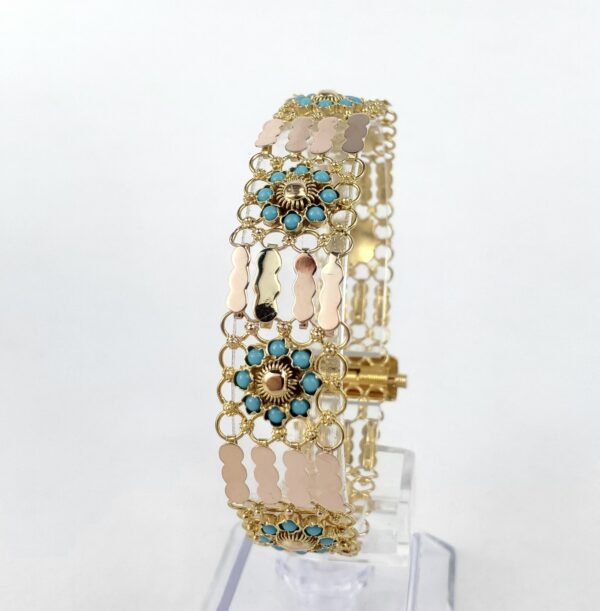 14k Multi-Tone Gold Bezel Set Blue Stone Textured Custom Filigree Bracelet 6 3/4 - Image 3