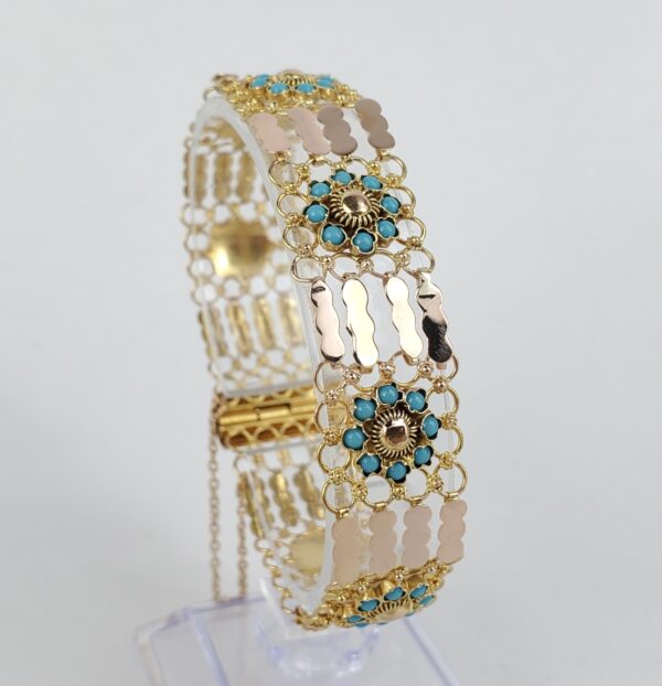 14k Multi-Tone Gold Bezel Set Blue Stone Textured Custom Filigree Bracelet 6 3/4 - Image 4