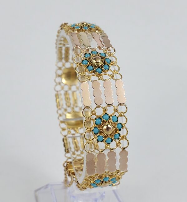 14k Multi-Tone Gold Bezel Set Blue Stone Textured Custom Filigree Bracelet 6 3/4 - Image 5