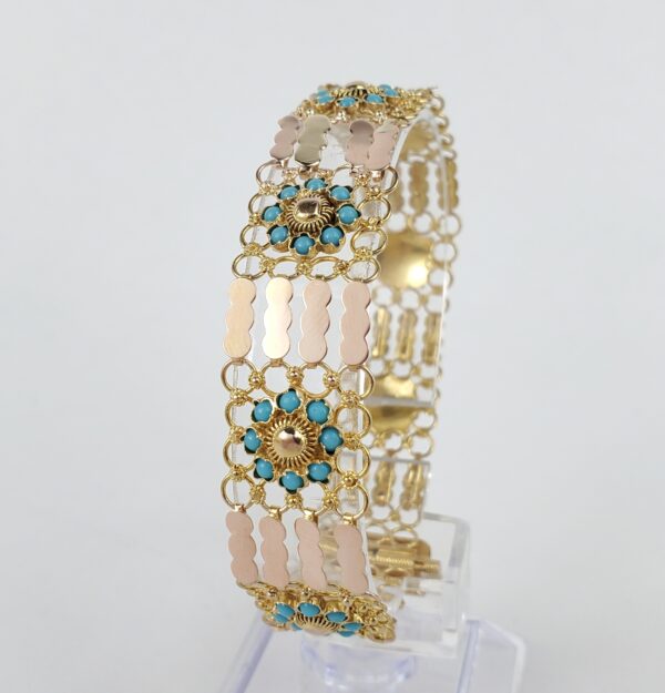 14k Multi-Tone Gold Bezel Set Blue Stone Textured Custom Filigree Bracelet 6 3/4 - Image 6