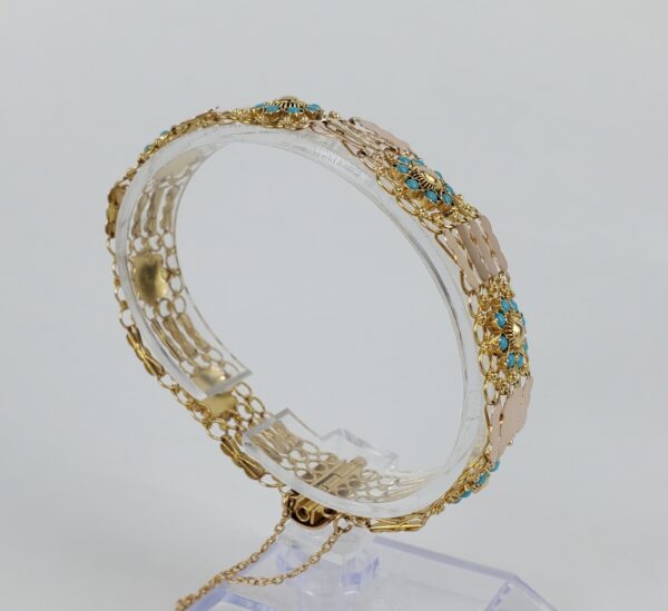 14k Multi-Tone Gold Bezel Set Blue Stone Textured Custom Filigree Bracelet 6 3/4 - Image 7