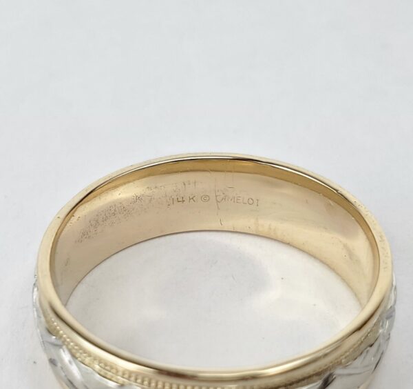 14k Multi-Tone Gold Camelot 6.65mm Engraved Carved Wedding Band Ring 10'' - Image 9
