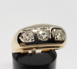 14k TwoTone White Yellow Gold .75c H/I SI2 Natural Diamond Three Stone Mens Ring