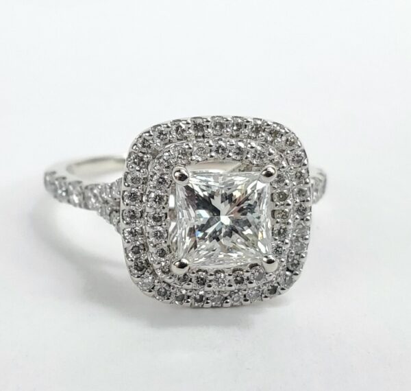 14k White Gold 1.32ctw Princess Natural Diamond Double Halo Engagement Ring 6'' - Image 4