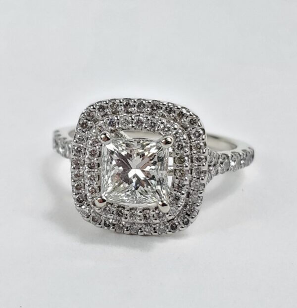 14k White Gold 1.32ctw Princess Natural Diamond Double Halo Engagement Ring 6''