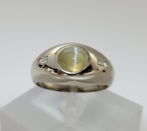 14k White Gold 3.70ctw Cats Eye Chrysoberyl Cabochon Diamond Mens Ring 10.25''