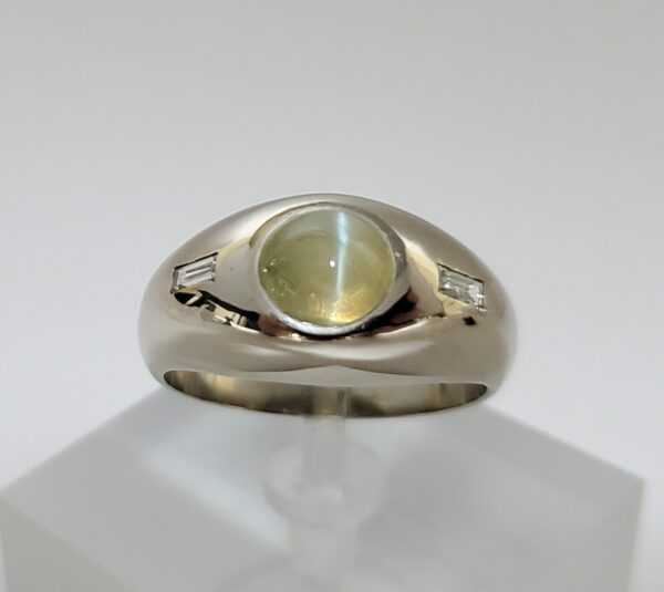 14k White Gold 3.70ctw Cats Eye Chrysoberyl Cabochon Diamond Mens Ring 10.25''