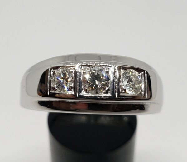 14k White Gold .85ctw H VS/SI Natural Diamond Three 3 Stone Men's Ring 15.5'' - Image 3