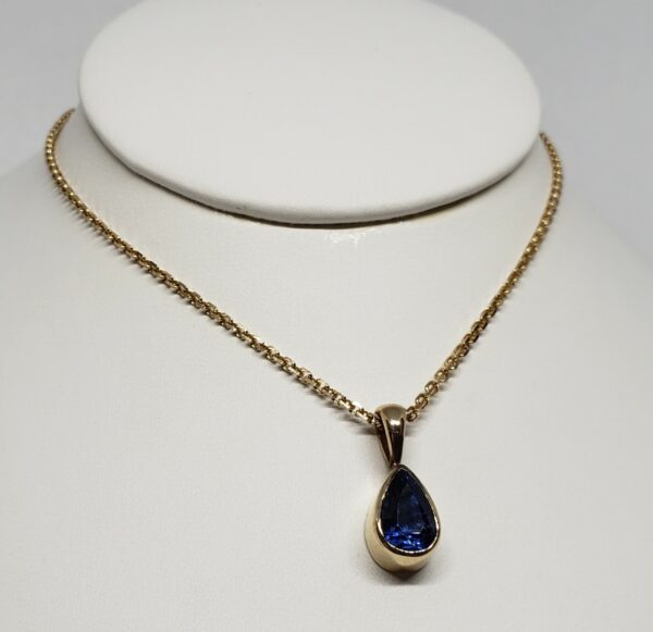 14k Yellow Gold 1.55ct Bezel Set Blue Sapphire Solitaire Pendant Necklace - Image 3