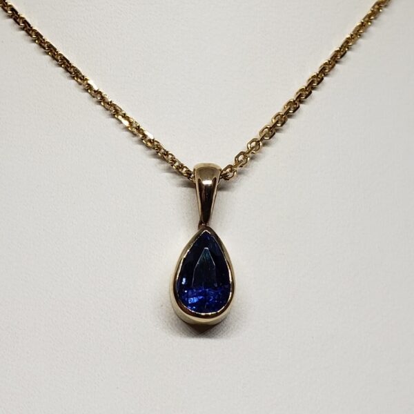 14k Yellow Gold 1.55ct Bezel Set Blue Sapphire Solitaire Pendant Necklace - Image 4